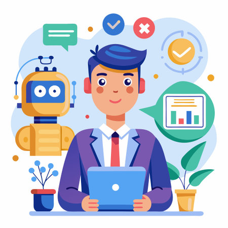 Man Interacting with Chat Bot Innovation for Modern Solutionsのイラスト素材