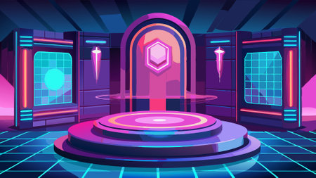 Radiant Pink Neon Podium with Digital LED Display for Product Showcaseのイラスト素材