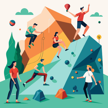 People Climbing High on Bouldering Walls in Indoor Adventure Parkのイラスト素材