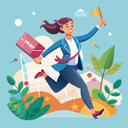 Determined Businesswoman Sprints Forward Holding Success Signのイラスト素材
