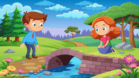 Children Playing on Historic Stone Bridge Spanning Picturesque Riverのイラスト素材