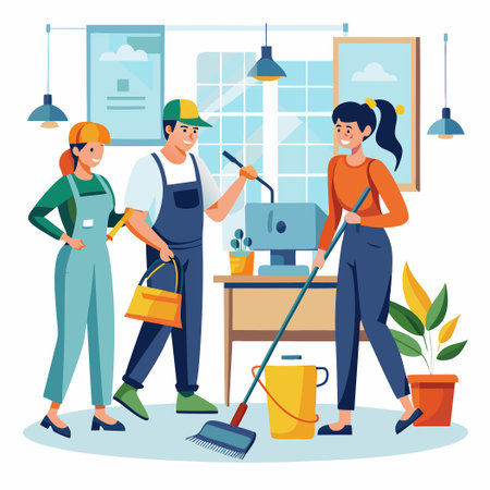 Diverse Cleaning Crew: Men and Women Working Together in Uniformsのイラスト素材