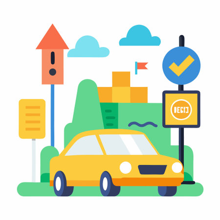 Driving School Concept with Yellow Car Near Driving License Buildingのイラスト素材