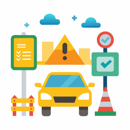 Concept Image of Driving School with Yellow Car Near Drive Licenseのイラスト素材