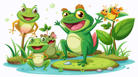 Adorable Frog Characters: A Vivacious Collection Isolated on a Pristine White Backgroundのイラスト素材