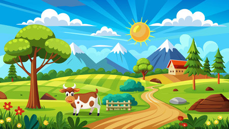 Serene Farm Scene in Summer: Cows Grazing in Lush Meadow with Treesのイラスト素材