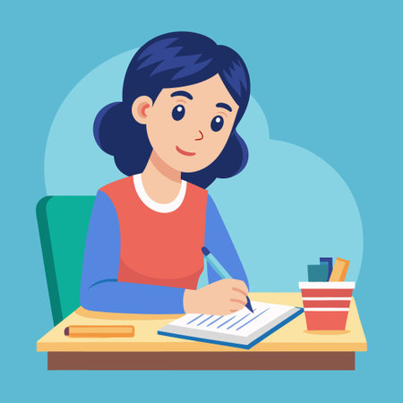 Young Woman Taking Entrance Exam with Focus and Determinationのイラスト素材
