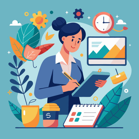 Confident Businesswoman Leading a Motivational Campaign with a Moving Bannerのイラスト素材