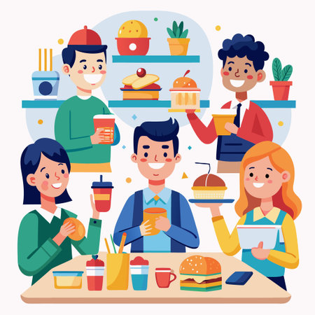 Office Colleagues Enjoying Lunchtime Meal in Workspaceのイラスト素材