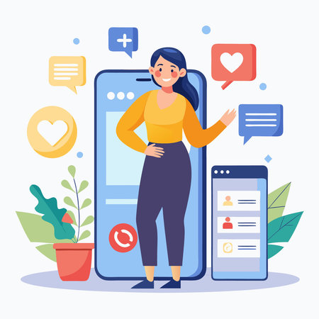 Woman Interacting with Smartphone, Standing by Social Media Pageのイラスト素材