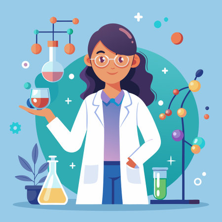 Young Girl Scientist Explores the Wonders of Molecular Structureのイラスト素材
