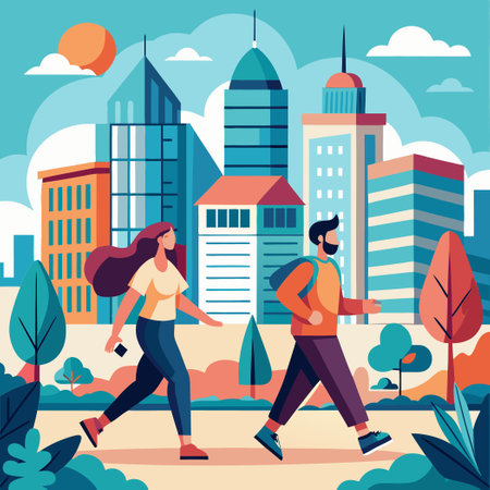 Casual Urban Lifestyle: Couple Enjoying City Ambianceのイラスト素材