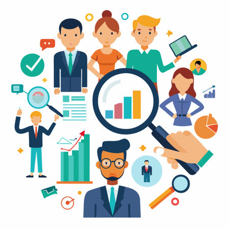 Market Research Experts Exploring Data with Magnifying Glassのイラスト素材