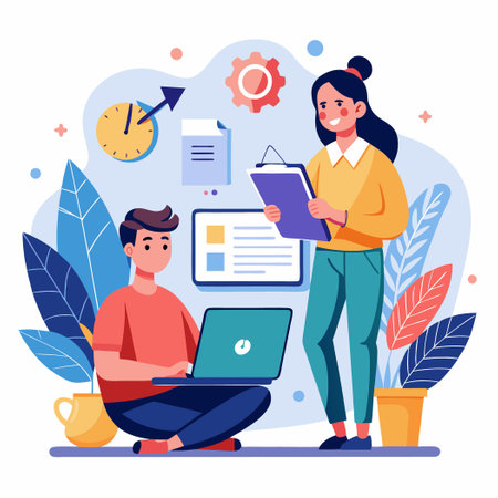 Online Test Collaboration: Woman and Man Cooperating with Computerのイラスト素材