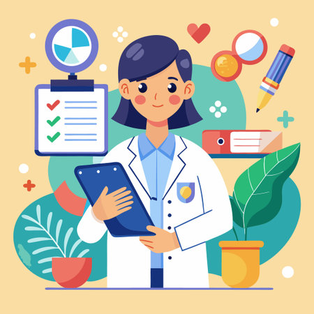 Girl at Medical Checkup Using Tablet for Health Informationのイラスト素材