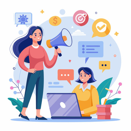 Female Announcer Utilizing Megaphone to Convey Marketing Conceptsのイラスト素材