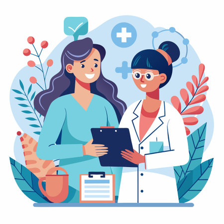 Female Pharmacists Consulting on Prescription Medications with Older Womenのイラスト素材