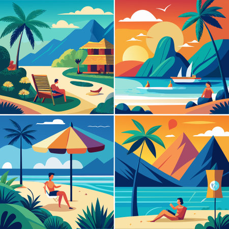 Stunning Summer Seascapes and Coastal Landscapes Poster Setのイラスト素材