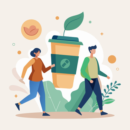 Morning Stroll with Coffee and Companionship Near a Riverbank Landmarkのイラスト素材