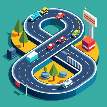 Winding Asphalt Pathway Splitting into Two Forked Roads at Crossroads in Rural Landscapeのイラスト素材