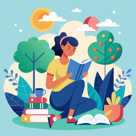 Young Female Student Studying with Textbook in Tranquil Settingのイラスト素材