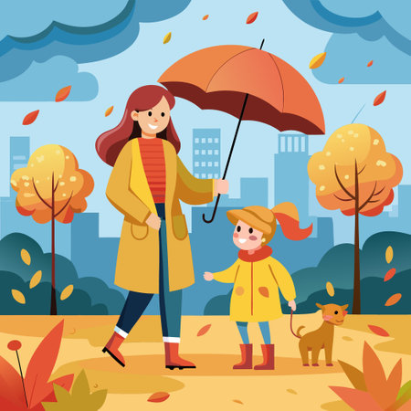 Young Girl and Woman Embrace in a Touching Moment Amidst the Rain with a Dogのイラスト素材