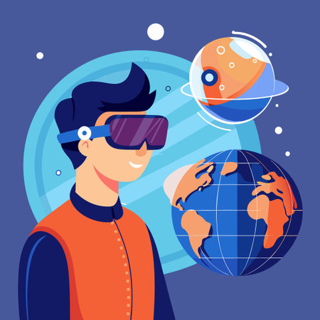 Young Virtual Traveler Embracing the Wonders of a Simulated Worldのイラスト素材