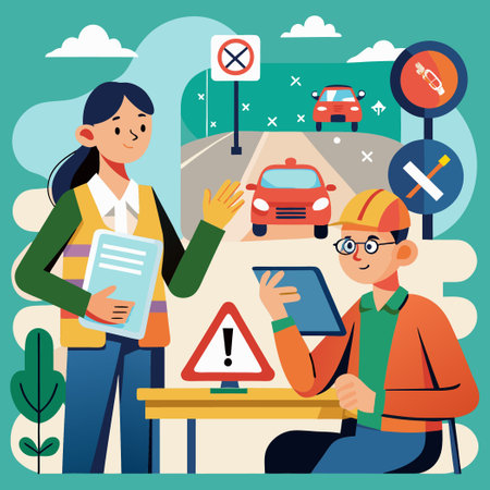 Curious Couple Studies Road Signs While Strolling Near Trafficのイラスト素材