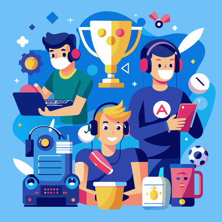 Group of People with Gaming Controllers and Smartphones Gathered Near Computer Monitor