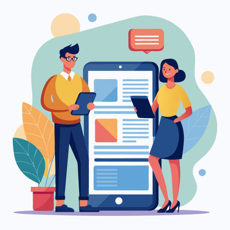 Man and Woman Discuss Online News on Smartphones in Modern Office Environmentのイラスト素材
