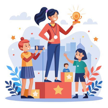 Elated Female Contestant Capturing Moments with Camera on Film Rollのイラスト素材