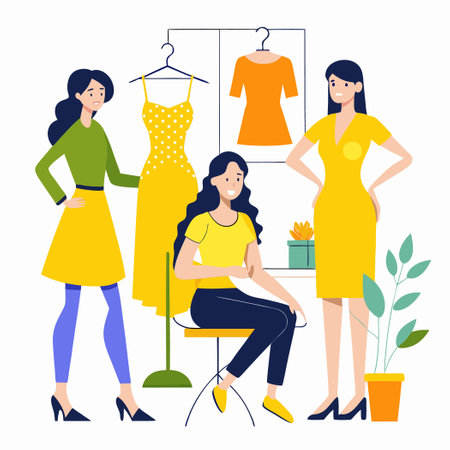 Fashionable Young Women and Mannequins in a Chic Settingのイラスト素材