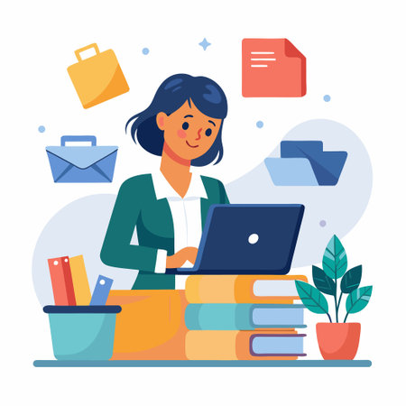 Young Girl Deleting Data Files from a Folderのイラスト素材