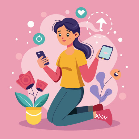 Young Girl Using Offline Smartphone with Mobile Phoneのイラスト素材