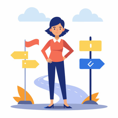 Young Girl at a Crossroads, Facing a Choice with Paths Surrounding Herのイラスト素材