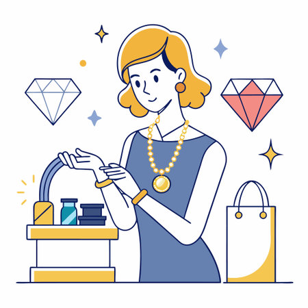 Young Girl Admires Luxurious Gold Necklace in Jewelry Storeのイラスト素材