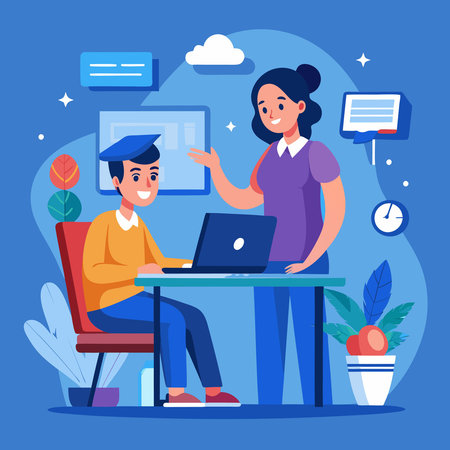 Woman Guiding Young Girl in Online Education, Empowering Young Mindsのイラスト素材