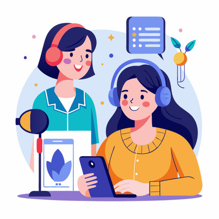 Young Woman Captivated by Podcast while Daughter Listens Intently on Smartphoneのイラスト素材