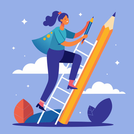 Woman Visualizing Her Future Path by Drawing a Ladder with Pencilのイラスト素材