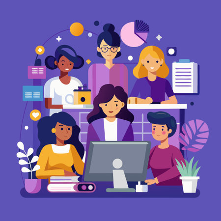 Female Team Collaborating on Skill Development at Computer Workstationsのイラスト素材