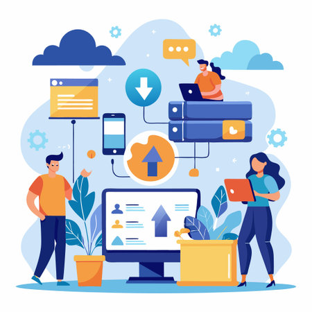 People Collaborating and Innovating in a Cloud-Based Digital Environmentのイラスト素材