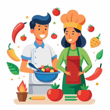 Couple Cooking Delicious Spicy Vegetarian Dish Together in Kitchenのイラスト素材