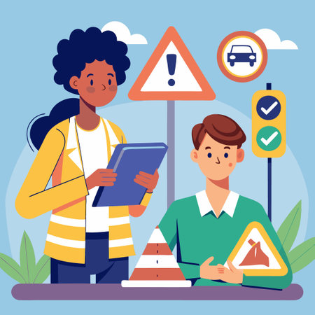 Curious Couple Studies Road Signs Near Traffic While Walking on Sidewalkのイラスト素材