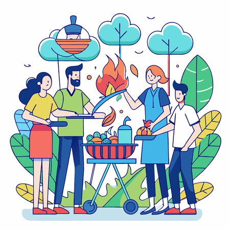 Friends and Family Enjoying a Backyard Barbecue in the Summerのイラスト素材