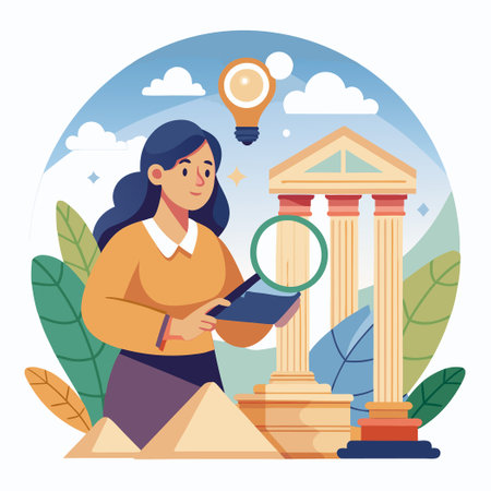 Online Historian: Service Woman Investigates Historical Documents with Magnifying Glassのイラスト素材