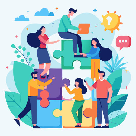 Cooperative Teamwork Concept: People Collaborating on Puzzle Assemblyのイラスト素材