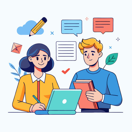 Couple Concentrating on Online Test with Pens in Handsのイラスト素材