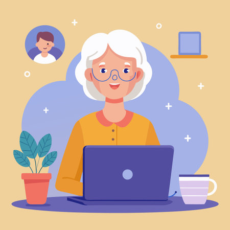 Elderly Woman Embracing Technology: Senior Learning with Laptopのイラスト素材