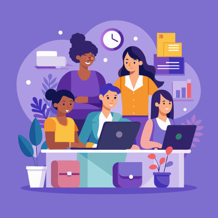 Collaborative Women Developing Technology Skills in a Contemporary Office Environmentのイラスト素材