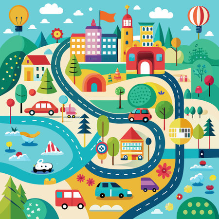 Adorable Road Map Illustrating City Streets and Cute Charactersのイラスト素材